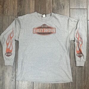 Harley Davidson Motorcycles Long Sleeve T Shirt Men's Graphic Flame Print Gray L